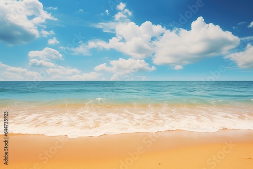 Tropical summer beach background with golden sand  turquoise ocean and blue sky with white clouds