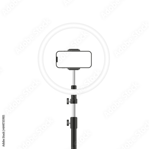 Studio lamp light ring, selfie photo camera stick. Vector illustration