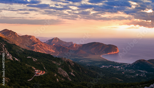 Budva riviera coastline. Montenegro, Balkans, Adriatic sea. View from the top of the mountain road path.