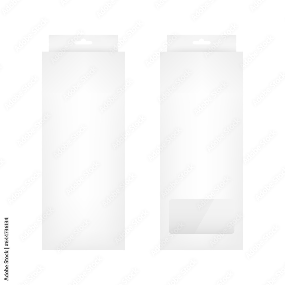 White empty box mockup with transparent window and hanging tab. Accessories packaging. Blank product package template. Vector illustration White empty box mockup with transparent window and hanging tab. Accessories packaging. Blank product package template. Vector illustration