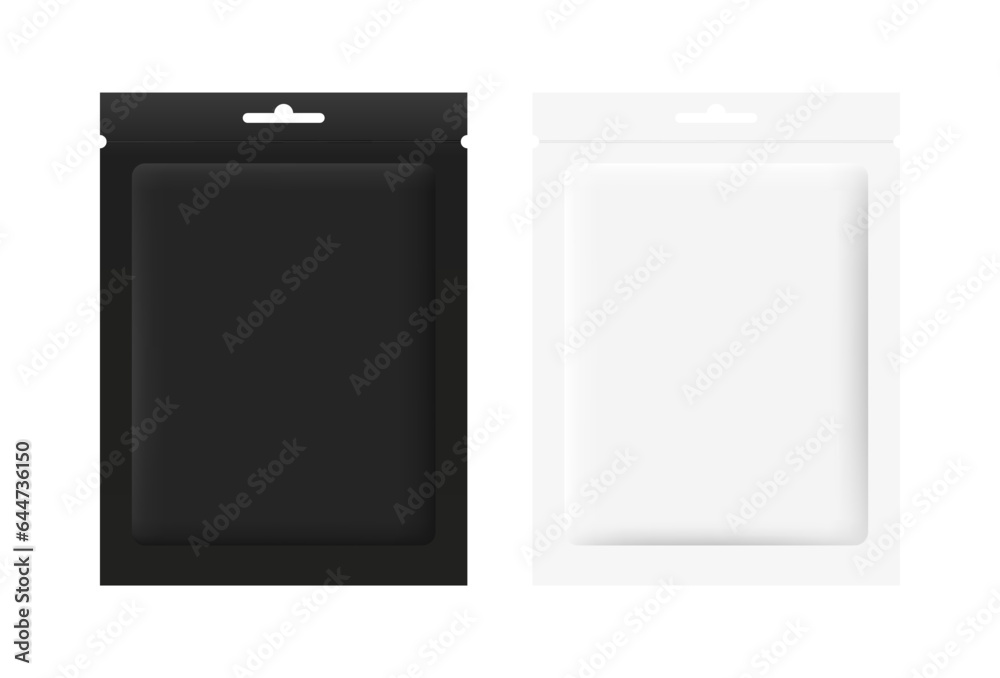 Realistic, 3d, silver and black foil pouch. Packaging design cosmetics. Mock up package for mask, shampoo, food. Vector illustration Realistic, 3d, silver and black foil pouch. Packaging design cosmetics. Mock up package for mask, shampoo, food. Vector illustration