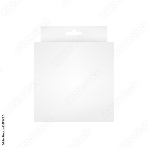 Blank paper packaging box with hanging hole isolated on white background. Product package template. Accessories packaging. Mockup template design. Front view. Vector illustration