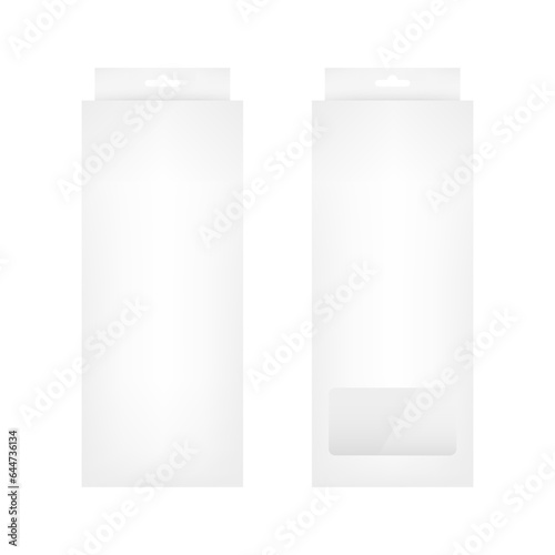 White empty box mockup with transparent window and hanging tab. Accessories packaging. Blank product package template. Vector illustration