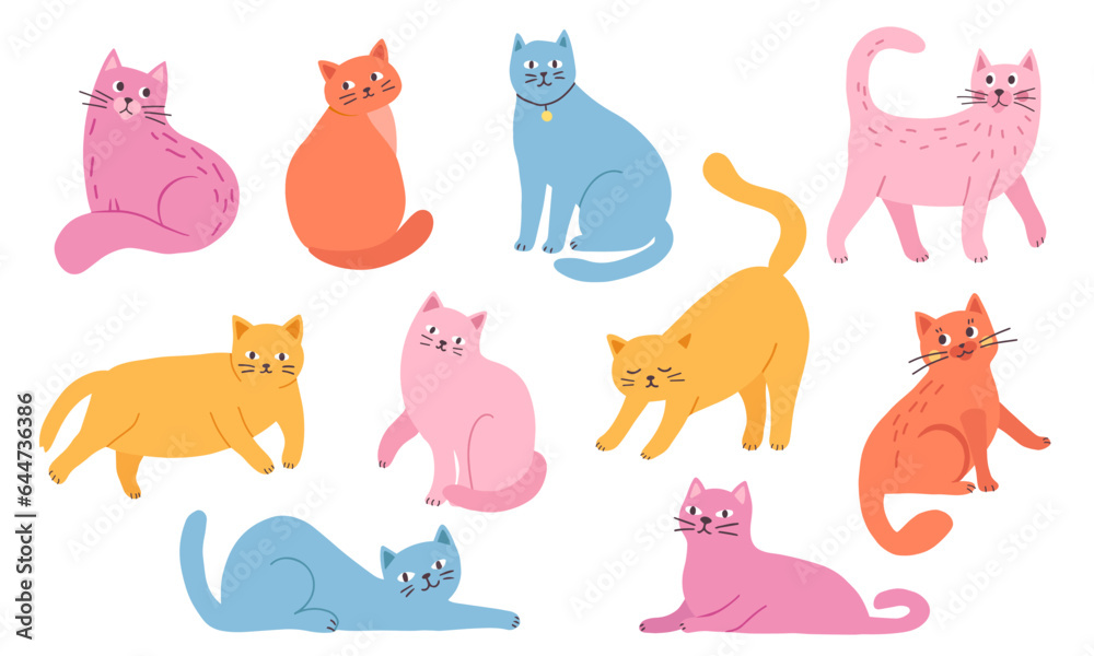 Cute and funny cats, drawn in a flat style. Vector illustration.