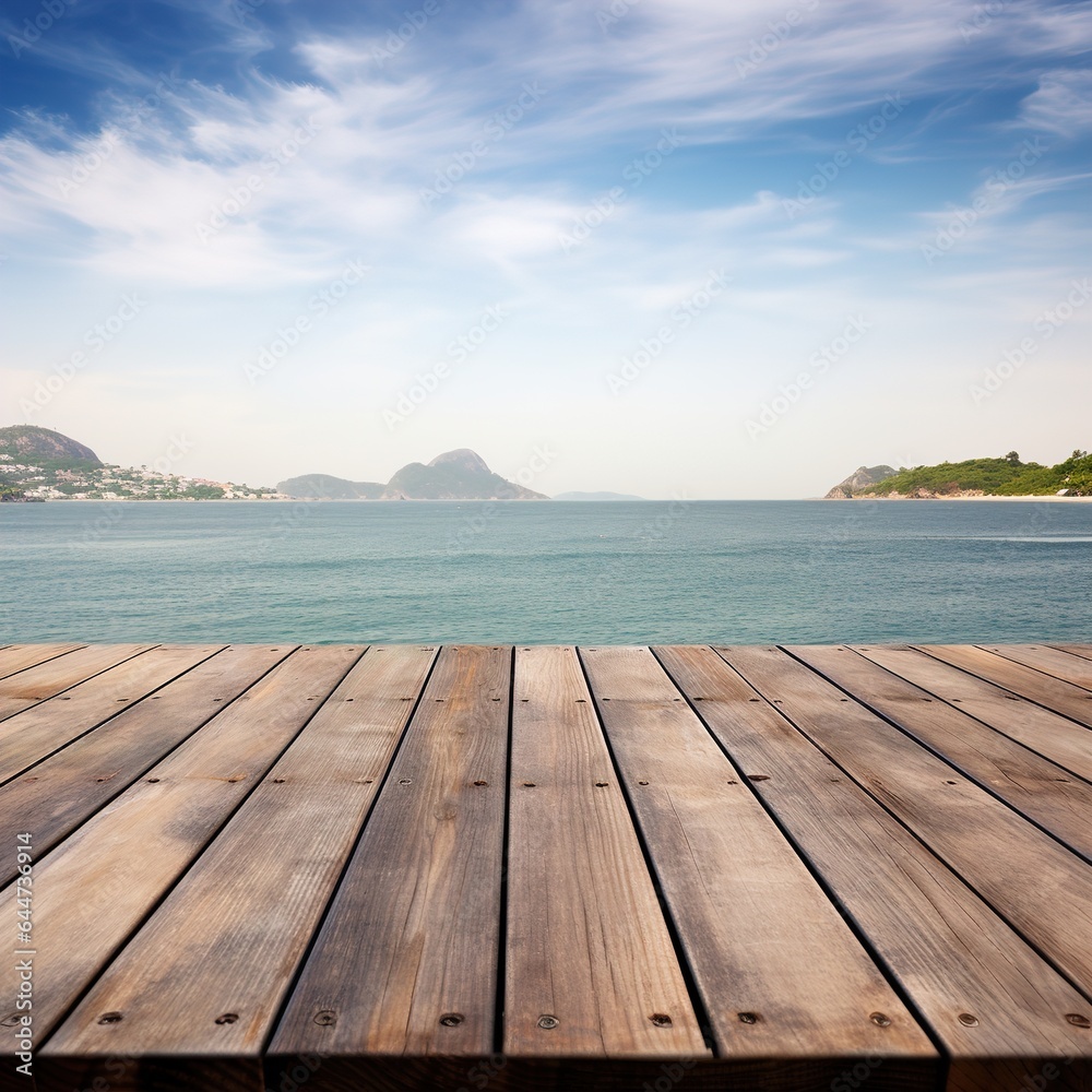 Wooden table top with sea view background. Nice view, relaxing by the sea