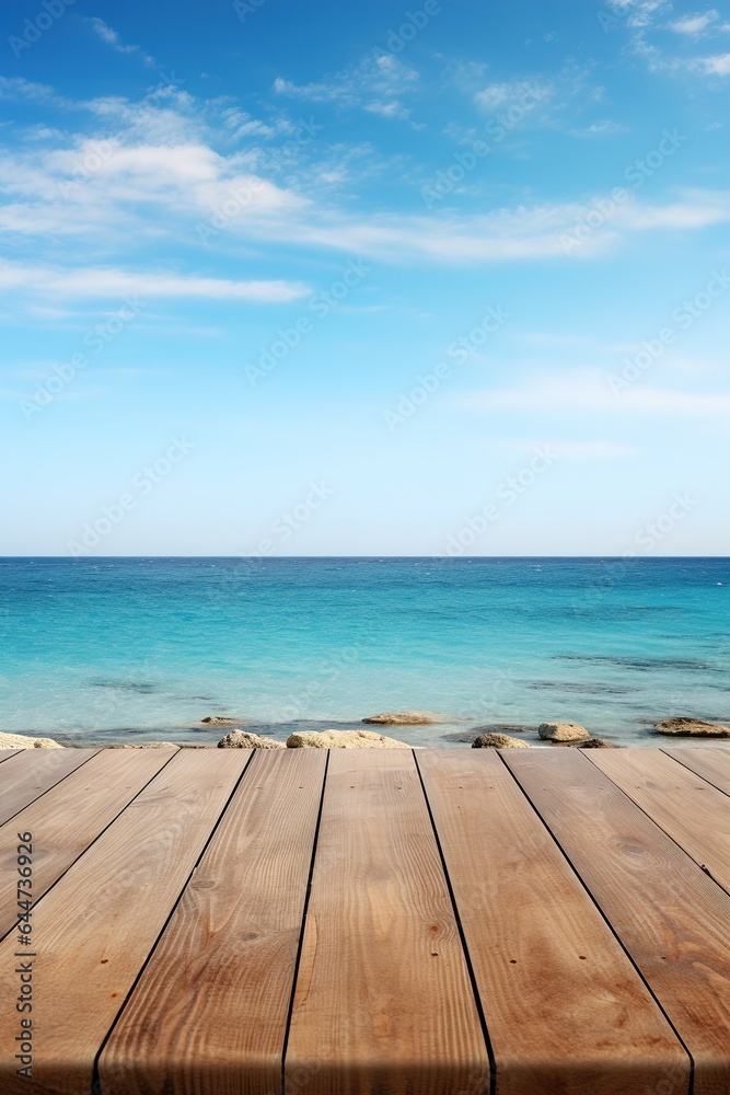 Wooden table top with sea view background. Nice view, relaxing by the sea