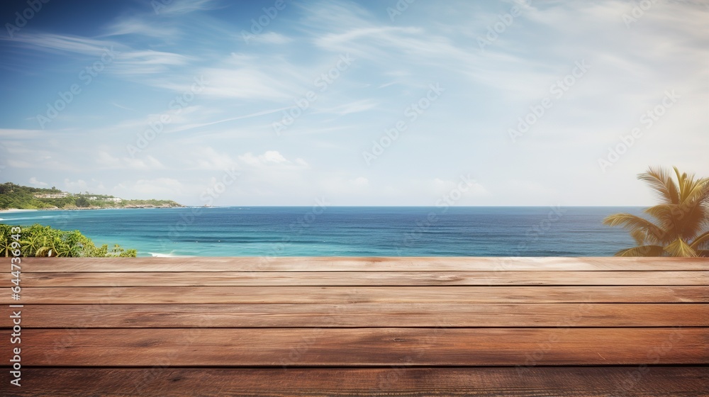 Fototapeta premium Wooden table top with sea view background. Nice view, relaxing by the sea