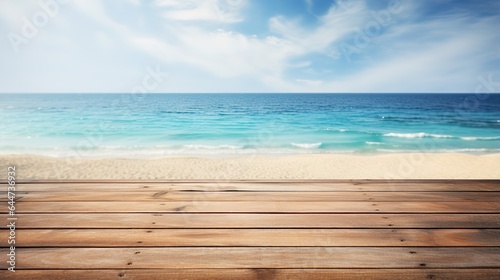 Wooden table top with sea view background. Nice view, relaxing by the sea