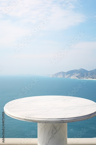 Empty white marble table top with sea background. Mockup design for display or montage of product placement. Summer luxury layout