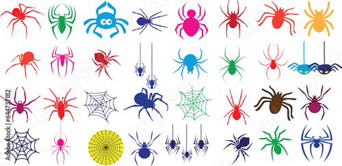Spider vector illustration, colorful collection of arachnids. Different types, styles, and colors of spiders, webs. realistic, and abstract designs.for Halloween, nature, or science projects