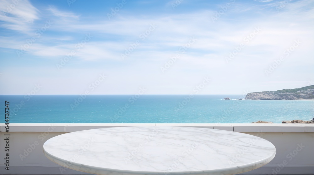 Fototapeta premium Empty white marble table top with sea background. Mockup design for display or montage of product placement. Summer luxury layout