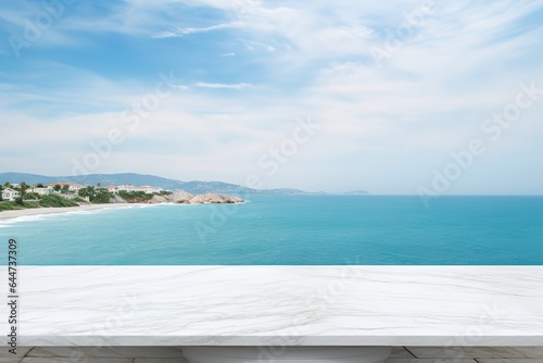 Empty white marble table top with sea background. Mockup design for display or montage of product placement. Summer luxury layout © Daniil