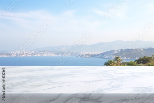 Empty white marble table top with sea background. Mockup design for display or montage of product placement. Summer luxury layout