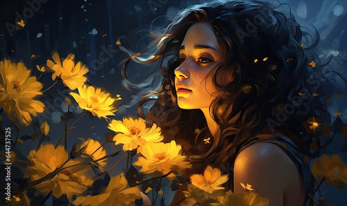 The enchanting illustration captured the serenity and grace of a young woman among moonlit flowers.