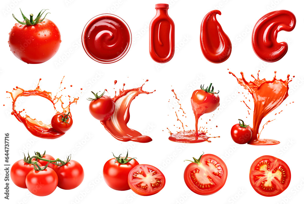 Set Tomato food products on transparent background, tomatoes, tomato slice, tomato juice splash, ketchup, sauce for your advertisement - obrazy, fototapety, plakaty 