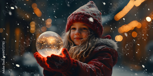Christmas portrait of a girl holding a glass ball in the snow at night
