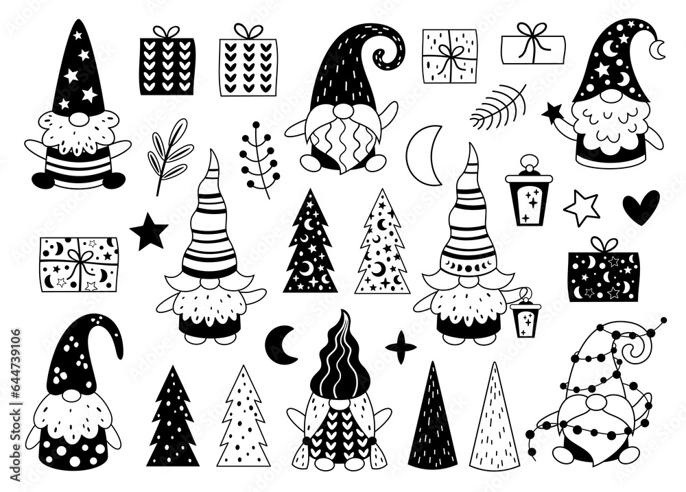 Black and white Christmas gnomes clipart. Scandinavian gnomes. Merry Christmas clipart. Vector illustration