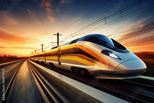 A modern high-speed train moves along the railway tracks in the evening against the backdrop of sunset. High-speed passenger rail transport.