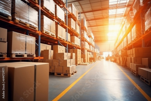 A large warehouse filled with neatly stacked boxes. Selective focus. Large space for storing and moving goods. Logistics. Trade in the modern world. © Anoo