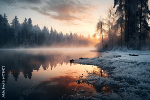 sunset reflection on winter forest river panorama
