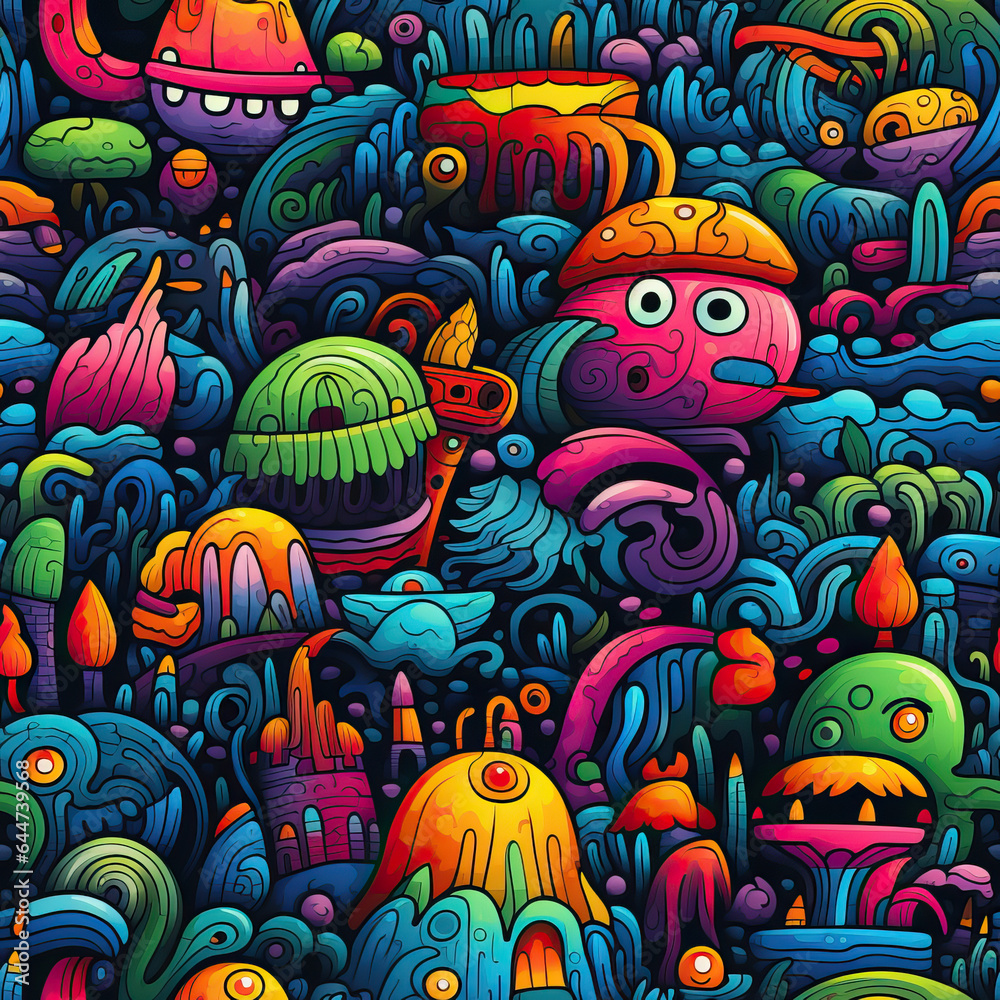 Cute funny colorful trippy doodles repeat pattern