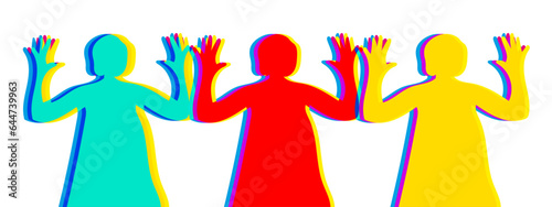 Silhouettes of women with hands up on white background Riso Print with women. Risograph effect Minimalist art print. Vector