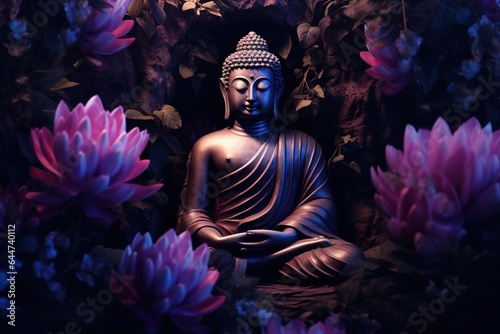 Buddha statue with purple flowers in the background..Generative Ai © Rudsaphon