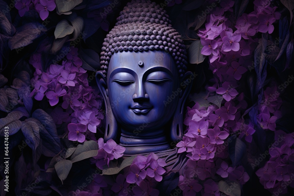 Buddha statue with purple flowers in the background..Generative Ai Buddha statue with purple flowers in the background..Generative Ai