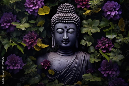 Buddha statue with purple flowers in the background..Generative Ai