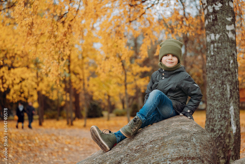 portrait of happy smiling little boy sitting on big rock in park on autumn day
