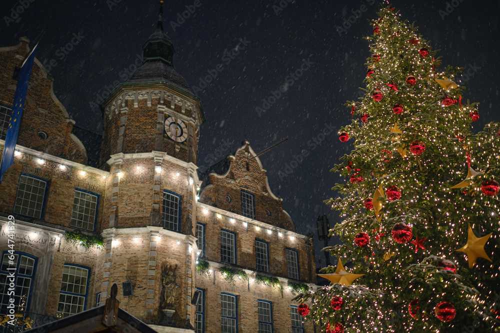 Naklejka premium Spectacular view on the Dusseldorf town hall and Marktplatz Christmas market with a snowcapped Christmas tree. The picture was taken during light snowfall with a sensational night sky.