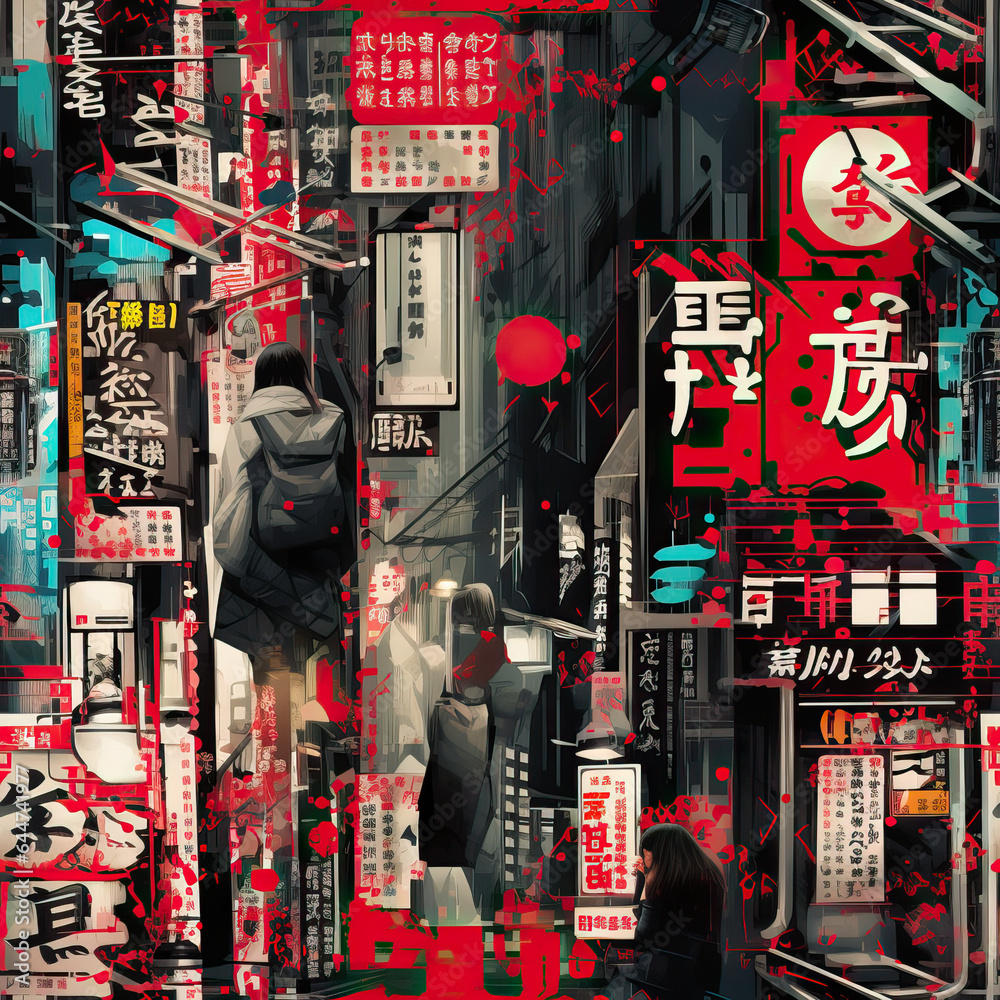 Fototapeta premium Japan Tokyo travel art collage repeat pattern moodboard