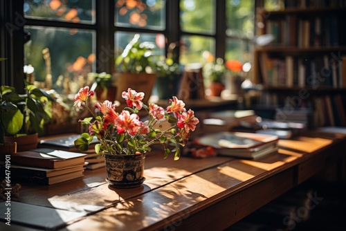 Office Desk Bathed In Warm Natural Light, Generative AI