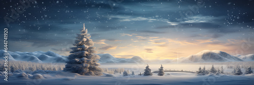 sunset winter landscape with snow and fir tree
