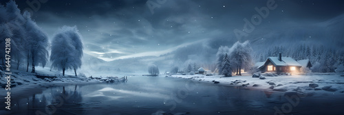 wood cabin by the river on a winter night panorama snow landscape banner photo