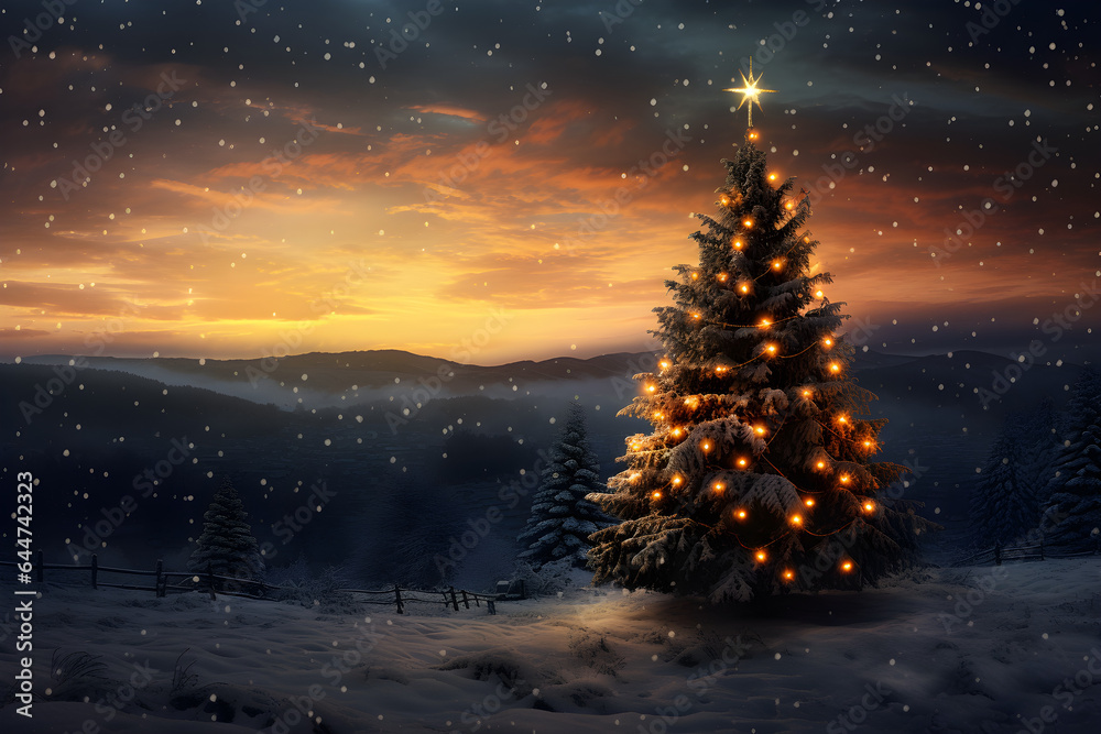 christmas tree in the snow at night christmas tree in the snow at night