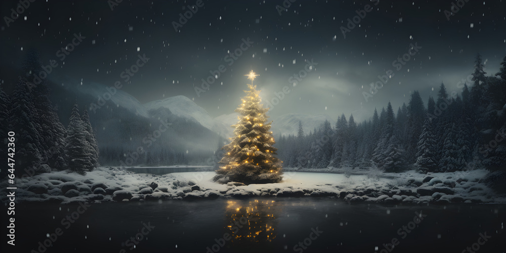 Christmas tree by the forest lake in the snow at night panorama - obrazy, fototapety, plakaty 