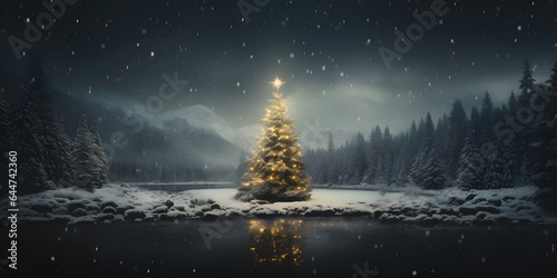Christmas tree by the forest lake in the snow at night panorama