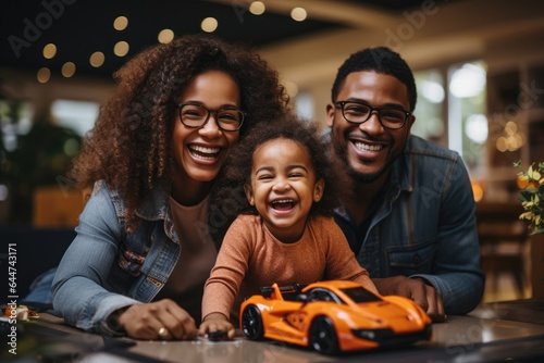 Family playing at home with toy car
