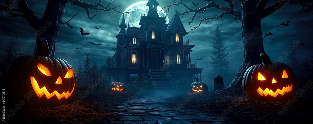 Spooky Halloween night with scary pumpkins and haunted house as wide background. Postproducted generative AI illustration. Spooky Halloween night with scary pumpkins and haunted house as wide background. Postproducted generative AI illustration.