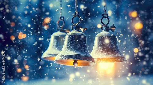 Magical Christmas bells shimmering at winter night snowfall. Postproducted generative AI illustration.