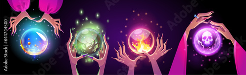 Magic crystal fortune ball float in woman hand. Glass prediction globe and future predict teller cartoon icon illustration. Gypsy divination wizard and seer. Mystic charm glow with skull and fire