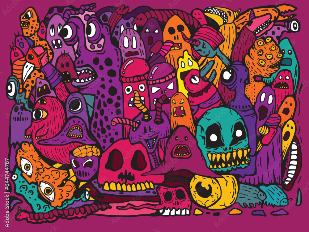 Vivid color pattern Grafiti draws Doodle Art pattern Halloween Monster For Textiles Children's Clothing Cool Background garment, backgrounds, wallpaper, printing, skateboards, shoes and bags.