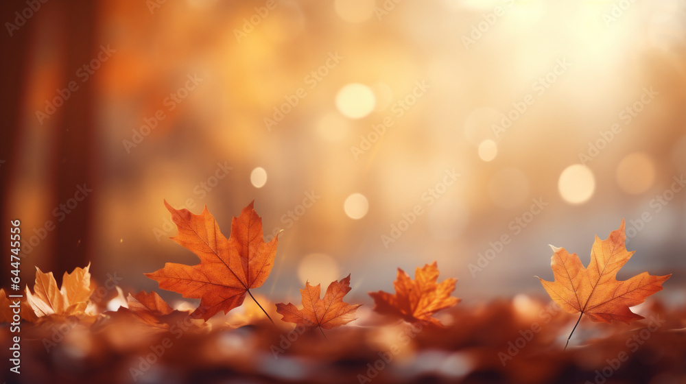 Autumn background with falling leaves and bokeh effect. Copy space