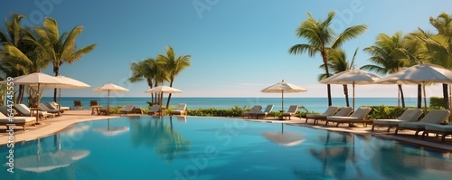 Luxury swimming pool and lounge chair umbrellas near the beach and sea