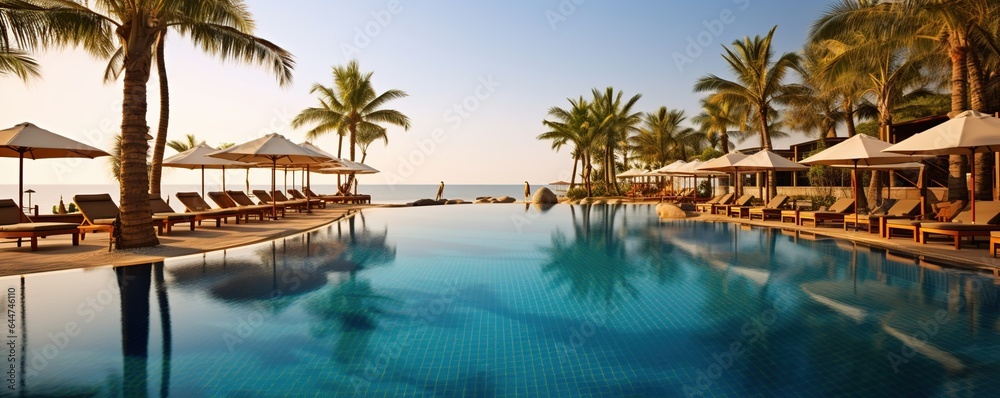 Luxury swimming pool and lounge chair umbrellas near the beach and sea