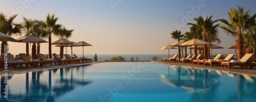 Luxury swimming pool and lounge chair umbrellas near the beach and sea