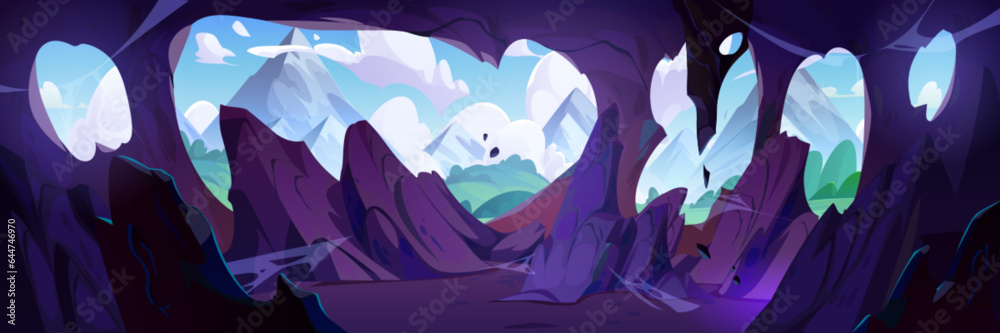 View of mountains and forest from inside cave. Entrance or exit to underground tunnel or grotto with stone walls and stalactites. Cartoon vector illustration of dungeon with landscape of hills and sky