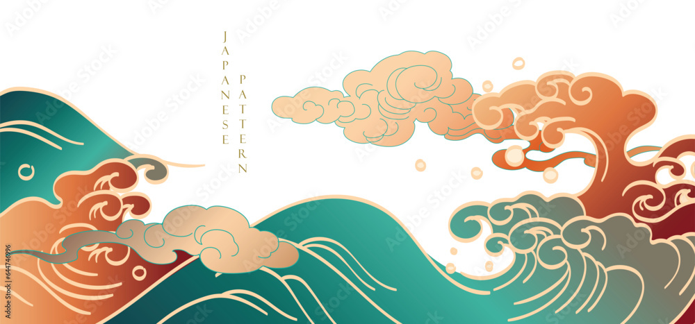 Chinese background with hand drawn wave and cloud element vector. Oriental natural pattern with ocean sea decoration banner design in vintage style. Marine template 