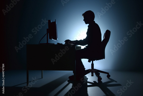 it specialist silhouette. computer code. Faceless male it specialist in front of animated computer code. it specialist front of his computer running work. Generative AI